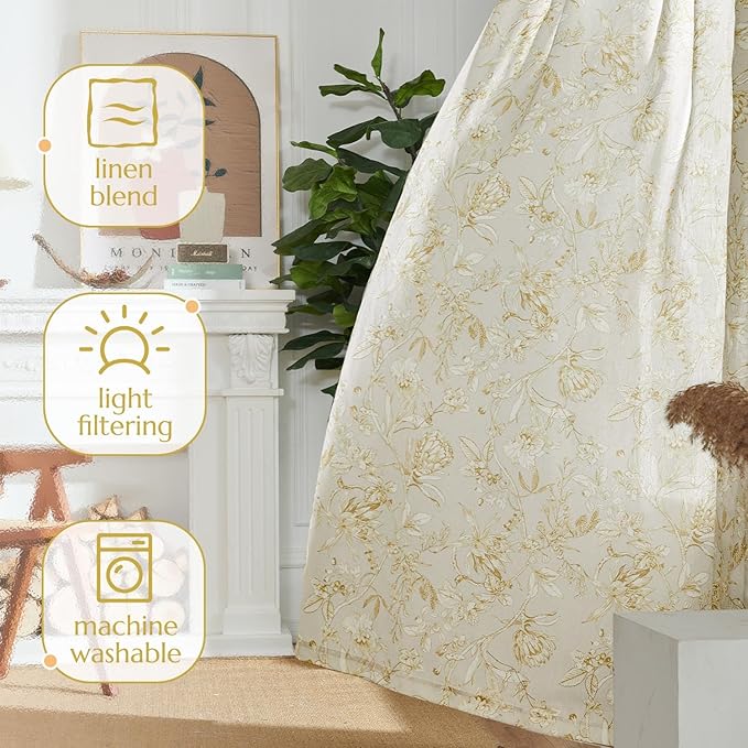 jinchan Floral Curtains 63 Inch Length Mustard Yellow Flower Linen Farmhouse Curtain for Living Room French Country Vintage Curtain Rod Pocket Curtains Set 2 Panels Floral Printed