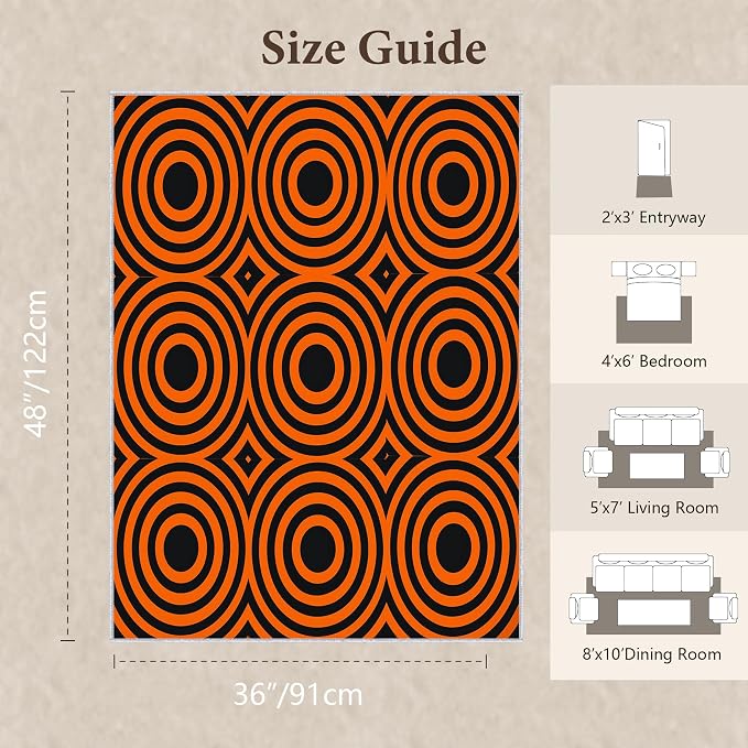 Retro Rings Area Rug 3x4, Optical Geometric Circle Rug, Bold Retro Pattern Carpet for Living Room Bedroom, Non Slip Soft Area Rug