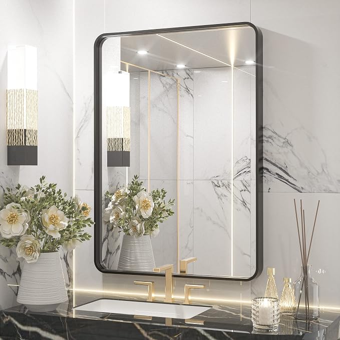 TETOTE Black Framed Mirrors for Bathroom, 2 Inch Thick Frame 22 x 30 Inch Brushed Metal Frame Wall Mounted Rectangle Mirror for Vanity(Horizontal/Vertical)