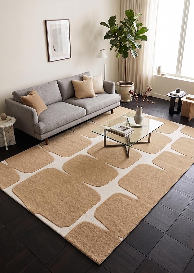 Restoration and Renovation Modern Wool Area Rug - Contemporary Abstract Geometric Design, Thick & Soft Hand-Tufted Carpet - Ideal for Indoor Decor in Living Room, Bedroom (Sand, 9' x 12')