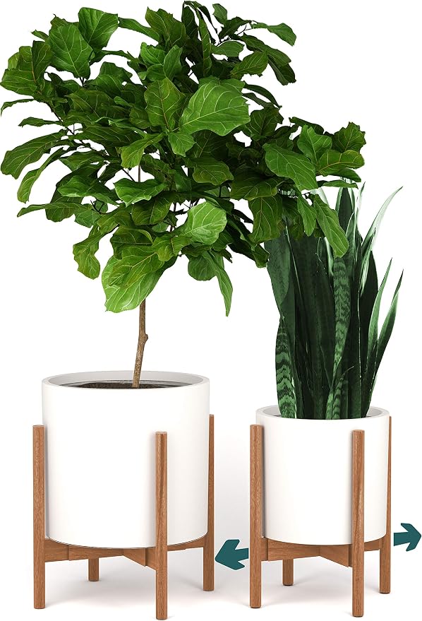 Fox & Fern Adjustable Plant Stand Indoor — 8 to 12 Inch Mid Century Bamboo Plant Stand with Adjustable Width - Plug In Design - Easy to Assemble - Two Heights - For 8, 9, 10, 11 & 12 Inch Pots