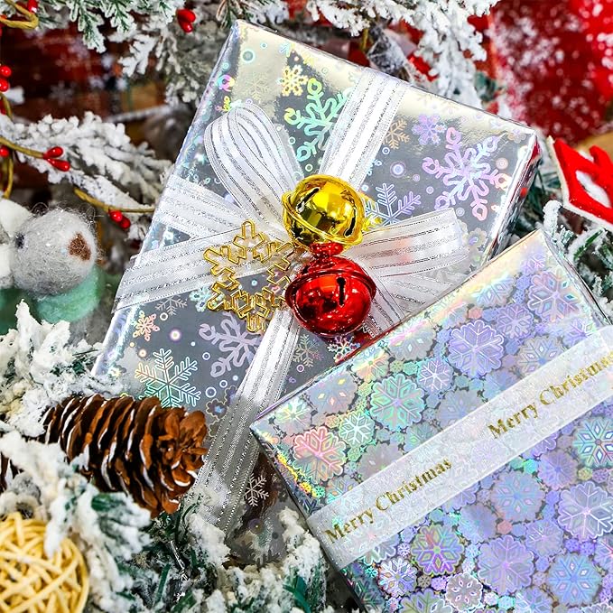 MAYPLUSS Christmas Holographic Foil Wrapping Paper - 17in x 120in Per Roll - Shiny Silver Snowflakes and Dots Design Iridescent Gift Wrap Paper for Christmas Wedding Winter Shower Holiday Celebration
