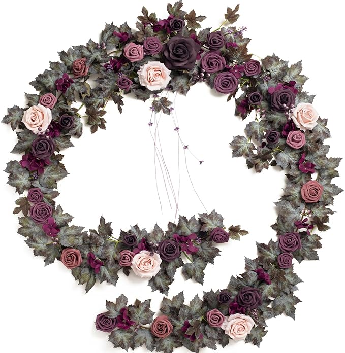 Ling's moment 9FT Flower Garland for Backdrop Decorations - Wedding Arch Flowers, Eucalyptus & Rose, Artificial Floral Garland for Mantle - Sweetheart Table Decor for Beach Reception, Purple