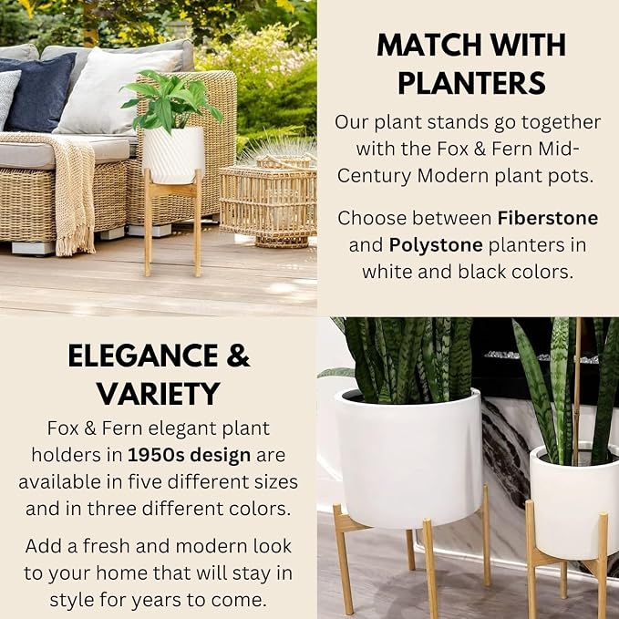 Fox & Fern Mid Century Tall Plant Stand — 10 Inch Fixed Size Raised Bamboo Plant Stand for Indoor Pots (Not Included) - Modern Flower Pot Holder with Plug In Design - Easy to Assemble - Bamboo