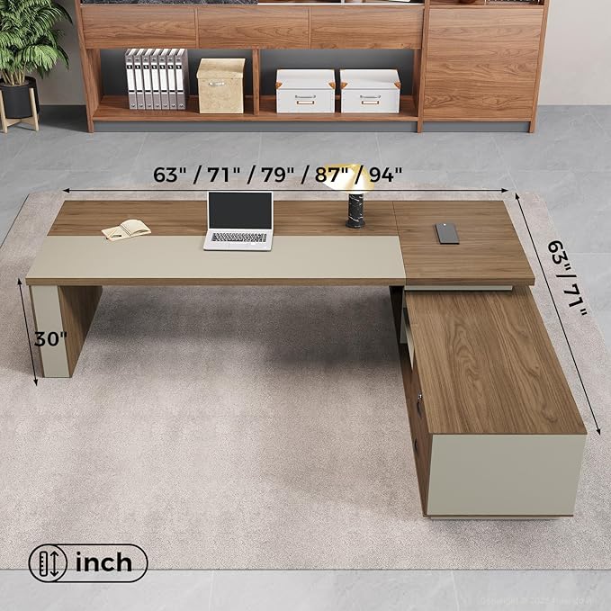 L-Shaped Executive Desk with LED Lights, Lockable Storage & 3-in-1 Charging Station, Reversible Cabinet, Modern Wood Office Desk for CEO, Manager & Home Office(Black Walnut+Khaki, 95"L*71"W*30"H)