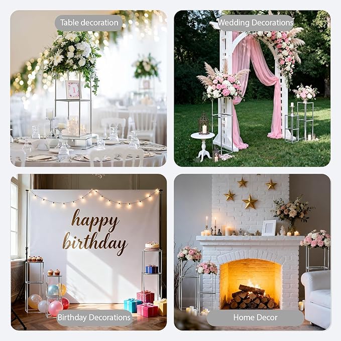 2-Tier Metal Flower Stand Set with Acrylic Shelves, Geometric Display Rack for Wedding Centerpieces, Party Decor, Tall Floor Vase Stand (Silver, Set of 3-36.8"/32.9"/25")
