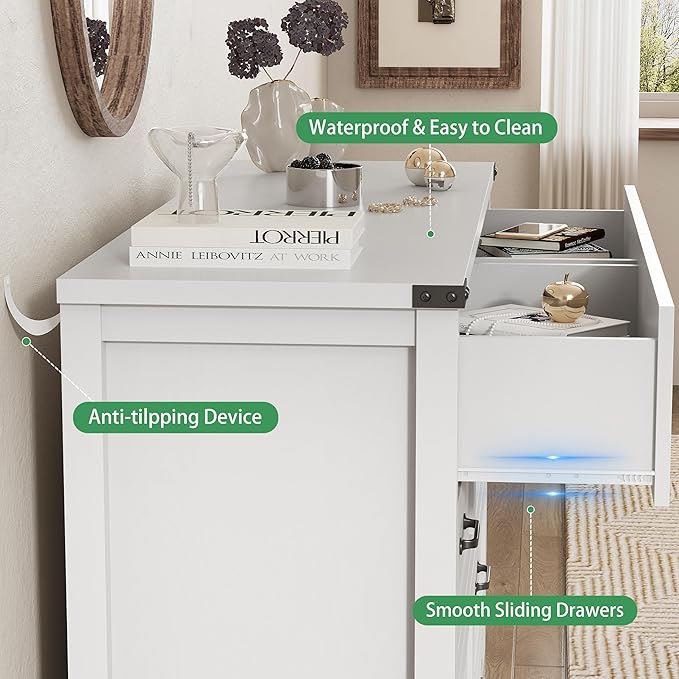 Dresser for Bedroom with 6 Drawers, 54" Wide Wood Chest of Drawers with Deep Drawers & Mental Handle, Modern Dresser TV Stand, Wooden Closet Storage Organizer for Living Room, Hallway, Entryway, White