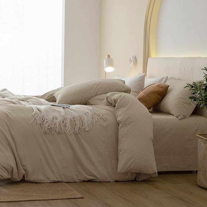 JIYUAN 100% Washed Cotton Duvet Cover Set 3 Pieces Full, 1 Duvet Cover 80x90 Inches(Comforter Not Included) and 2 Pillowcases,Linen Feel Bedding Set Comfy and Breathable, Heathered Tan