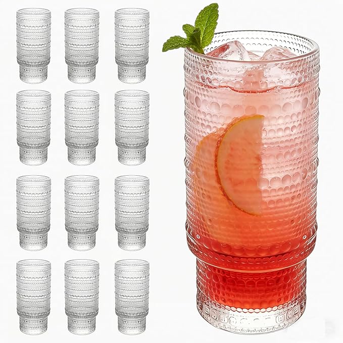 Large Capacity 16 oz Hobnail Drinking Glasses Set of 12, Vintage Glassware Drinking Glasses, Clear Water Glasses Tumbler, Cups for Kitchen, Juice, Beer, Cocktail, Whiskey