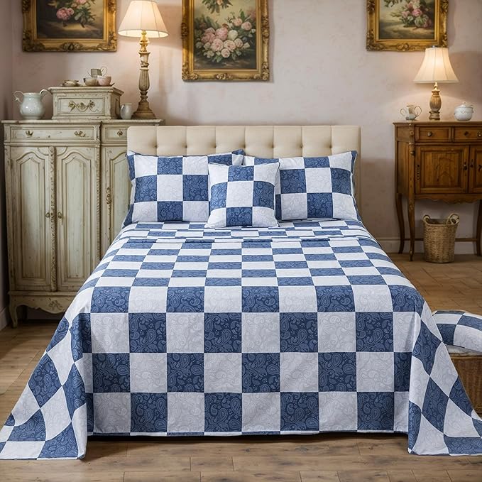 FADFAY Paisley Twin Extro Long Size Plaid Navy Blue Sheets 100% Cotton Geometric Checker Bedding Teens Grid Grey Gingham Pattern College Bedding Deep Pocket Sheets with 2 Pillowcases Ultra Soft 4pcs
