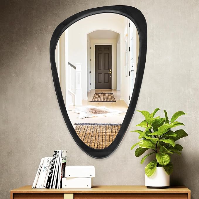 30''x20'' Asymmetrical Mirror with Wood Frame Black, Small Irregular Wall Mirror Odd Shaped Mid Century Modern Mirror Decor for Bedroom Living Room Entryway Hall