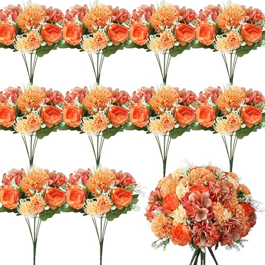 Tigeen Artificial Flowers Artificial Peonies Silk Flowers Faux Peony Fake Peony Silk Hydrangea Bouquet for Wedding Table Centerpiece Floral Vase Decor(Bright Orange,24 Bundles)