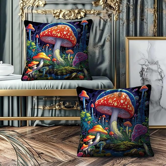Mushroom Throw Pillow Covers 18x18 Set of 2, Hippie Decorative Square Cushion Cases for Sofa and Couch, All Seasons Pillowcases for Living and Bed Room
