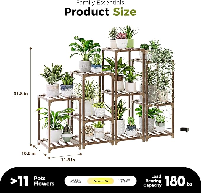 Bamworld Plant Stands with Grow Lights Indoor 4 Sets Plant Shelves Outdoor Wooden Plant Holder for Multiple Plants Flower Stands for Living Room Balcony Garden Patio Lawn Window