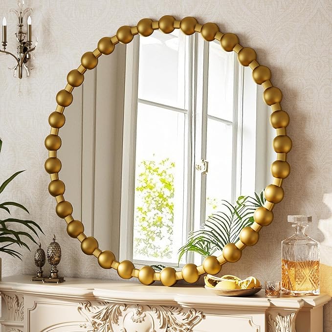 Easly Round Mirror for Wall, 28 Inch Gold Beaded Frame Decorative Vanity Mirror, Circle Bathroom Mirror with High-Definition Lense, Modern Wall Decor for Bathroom, Living Room, Bedroom, Entryway