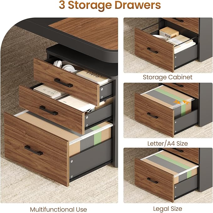 Itaar 70.9" Executive Desk, Large Computer Desk with Drawers and Lateral File Cabinet, Office Desk with Removable Shelves, Business Furniture Desk Workstation for Home Office, Brown