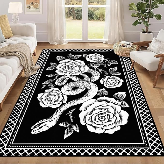 4'x6' Gothic Snake and Rose Area Rug Black and White Floral Vine Floor Mat Retro Boho Carpet Washable Low Pile Indoor Rugs for Entryway Bedroom Living Room Kitchen Home Decor