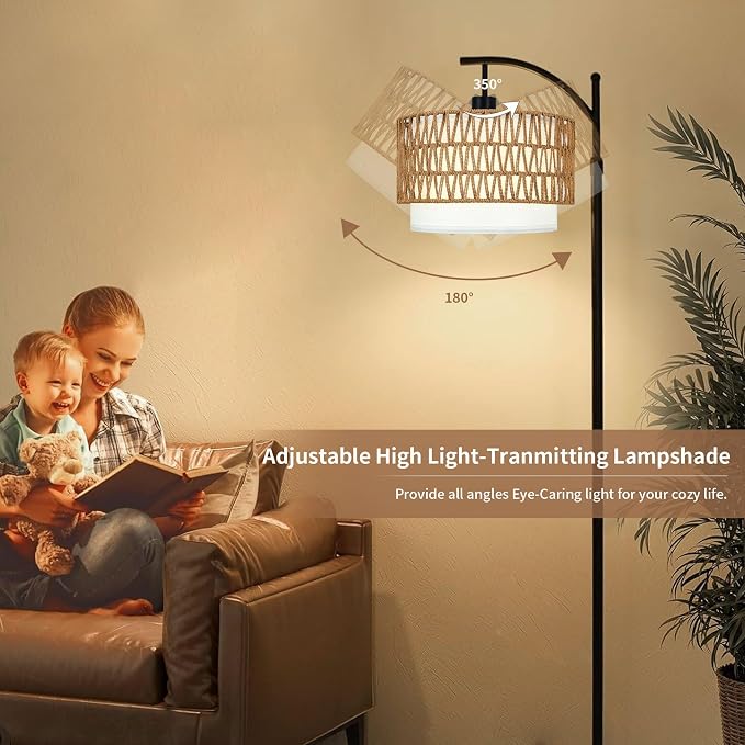 ZECOXOL Arc Floor Lamp for Living Room Boho Floor Lamps with Remote Control & with 3 Color Temperatures,Rattan Wicker Standing Lamp Dimmable Tall Floor Lamp for Bedroom Living Room Corner