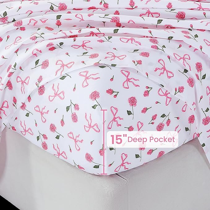 Softan Pink Floral Queen Bed Sheets, Cozy Microfiber Flower Printed Sheets with 15" Deep Pocket Fitted Sheet & Non-Slip Straps, Patterned Pink Rose - Bow Sheets & Pillowcase Set