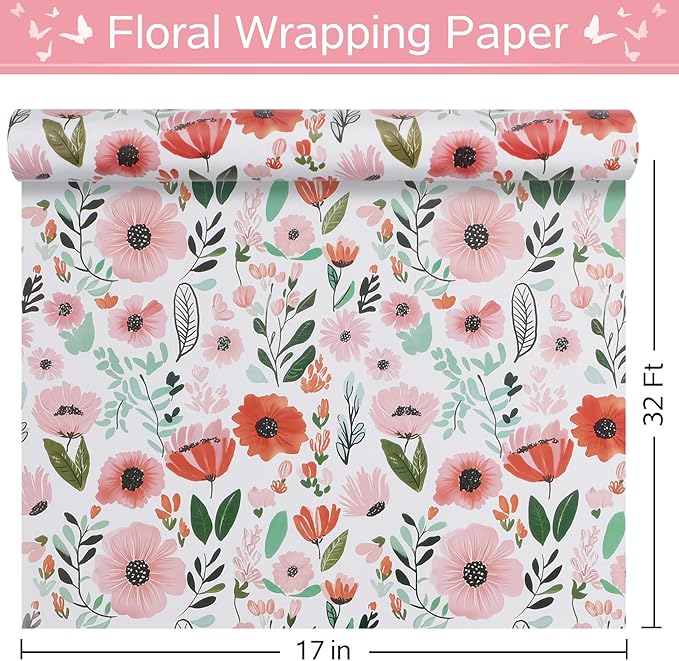 RayofSun Pink Floral Wrapping Paper Roll 17 in x 32 ft Mini Roll All Occasion Wildflower Flower Green leaves Gift Wrap Paper for Wedding Birthday Bridal Shower Party Wrapping Supplies