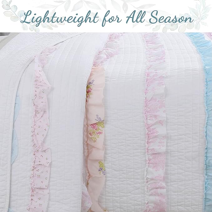 Cozy Line Home Fashions 100% Cotton Chic Ruffle Light Lavender Orchid Blue Flower Print Stripe Bedding Quilt Set, Reversible Coverlet, Bedspread (Chic Ruffle, Twin)