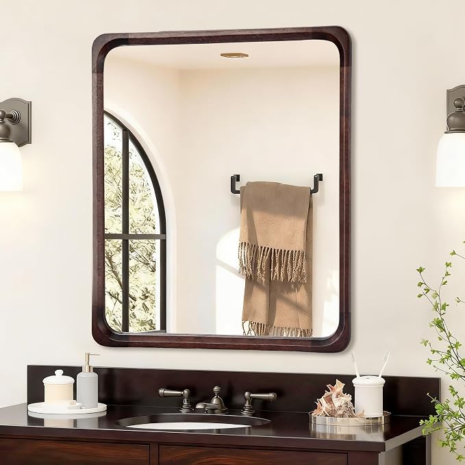 Tanmicoshomy Wood Bathroom Mirror 30 x 36 Inch, Solid Wood Framed Rectangle Mirrors with Tempered Glass for Living Room Bedroom or Entryway(Dark Brown)