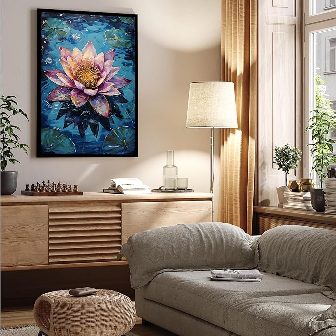 Gorgeous pink and purple water lilies on deep blue water Eye-catching oil painting Serene aquatic wall art for modern home decor 20x30in Metal blackFramed