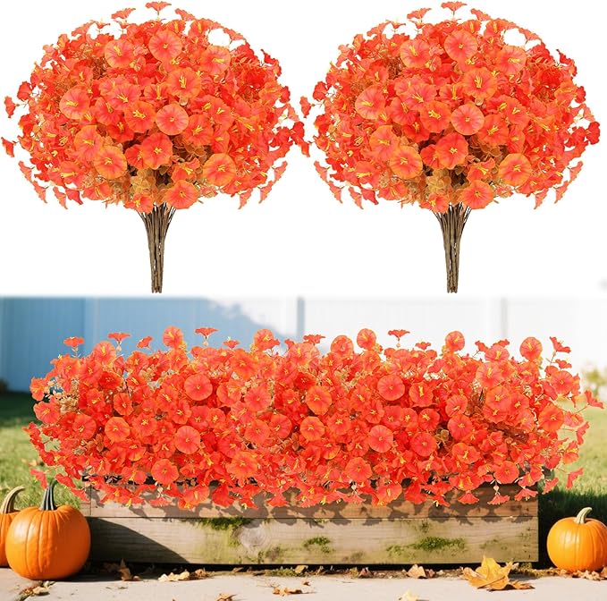 12 Bundles UV Resistant Fake Mums Silk Flowers Faux Mums, Fall Flowers Artificial for Decoration,Artificial Morning Glory for Thanksgiving Fall Decor Halloween Window Box Porch Outdoor Garden