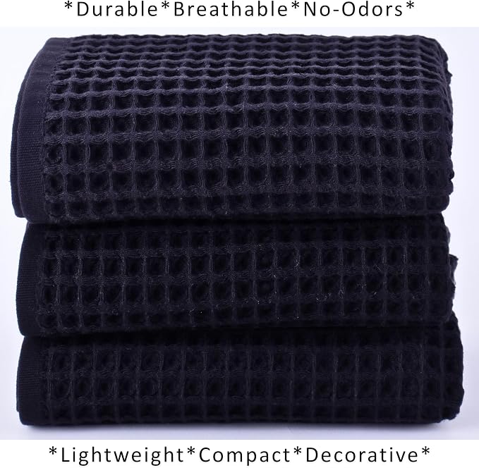 PÜSKÜL Natural 100% Turkish Cotton Waffle Kitchen Towels Set of 3 | Oeko-Tex, Premium Waffle Hand Towels for Bathroom | Soft Absorbent Quick-Dry Lint-Free Dish Towel Large 32x16 inch (3, Black)