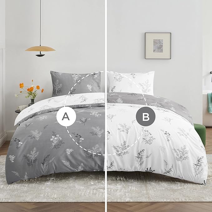 Bedsure Duvet Cover King Size - Reversible Floral Duvet Cover Set with Zipper Closure, 3 Pieces Grey Bedding Set with 8 Corner Ties and 2 Pillowcases 20"x36"