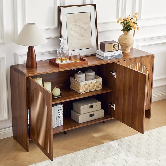 59" Sideboard Buffet Cabinet with Storage, Wood Arched Storage Cabinet with 3 Doors and Adjustable Shelf, Large Curved TV Console Accent Cabinet for Living Room Hallway Kitchen Dining Room, Walnut