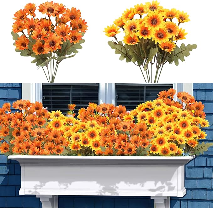 Artificial Mums, Artificial Sunset Mums, Artificial Outdoor Sunset Mum-s Flowers - UV Resistant, Waterproof, Windproof, Reflecting Autumn Vibe (Orange - 10 Bundles)