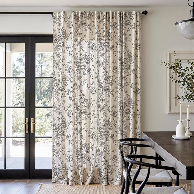 jinchan Linen Floral Curtains 100 Inch Extra Wide for Patio Sliding Glass Door Room Divider Curtain for Living Room 96 Inch Length Farmhouse Peony Black Printed Curtain Set 1 Panel