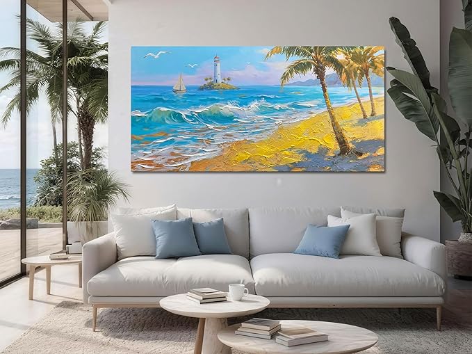 Brushart Beach Canvas Wall Art for Living Room Large, Coastal Bedroom Picture, Painting Wall Decor Ocean Textured Artwork for Walls Home Office 58"x29"