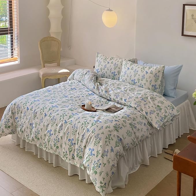 HighBuy Girl Blue Floral Comforter Set Twin XL Size White Comforter Sets Botanical Coquette Bedding Comforter Twin XL with 2 Pillowcases Garden Style Floral Bedding Comforter Set