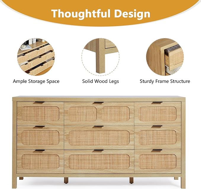 9 Drawer Dresser with Rattan Finish, Modern Farmhouse Chest of Drawers with Metal Handles, Accent Wood Dresser for Bedroom, Living Room (Natural)