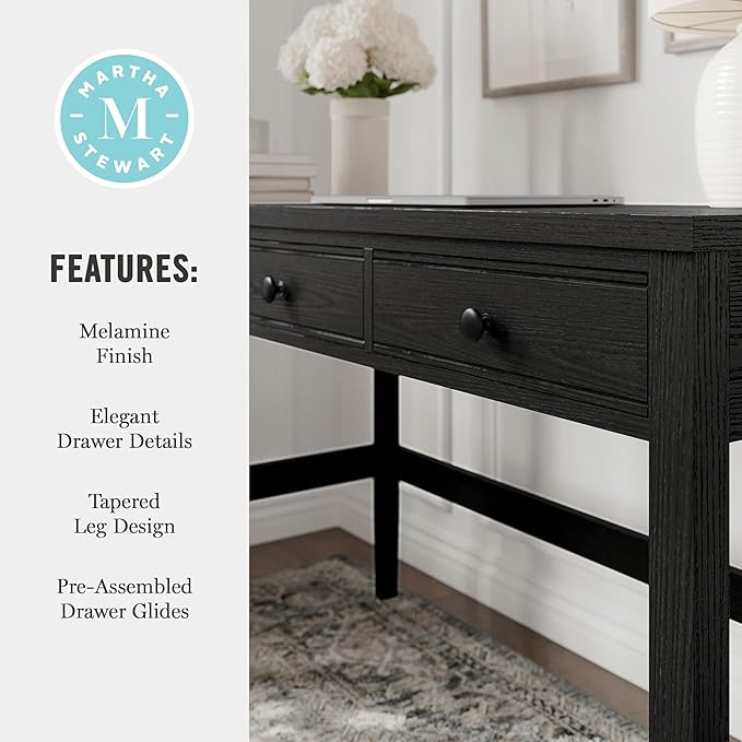 Martha Stewart Rhett Home Office Desk with 3 Drawers and Tapered Legs in Black with Oil Rubbed Bronze Hardware