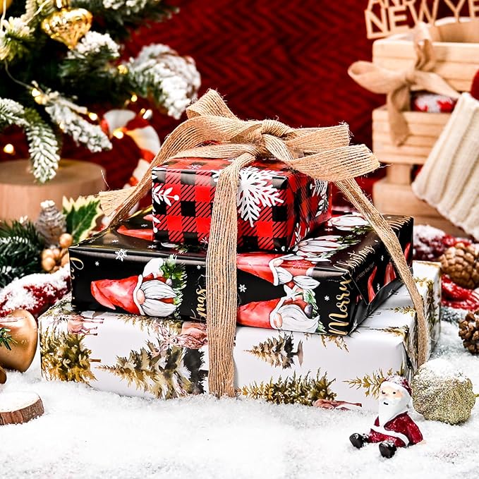 MAYPLUSS Festive Christmas Wrapping Paper - 17Inch x 10Feet Per Roll - Fairy Forest Deer Gnome Holiday Christmas Snowflake Thick Rolled Gift Wrap for Winter, Holiday, Party and Celebrations