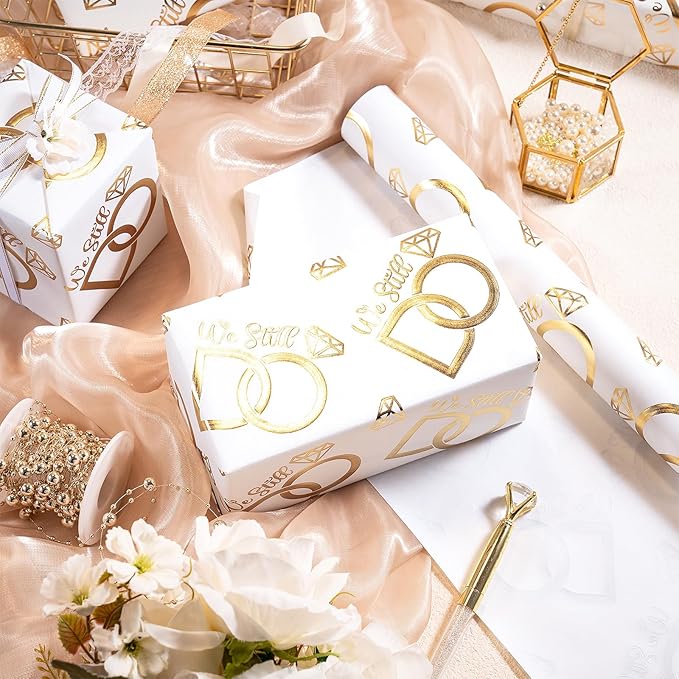 RUSPEPA Anniversary Wrapping Paper Roll, Mini Roll, Gold Foil We Still Do Design with Wedding Ring, Elegant Gift Wrap for Wedding, Anniversary, Engagement, Bridal Shower, 17 Inches x 16.4 Feet
