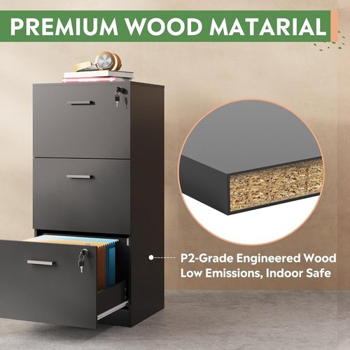 DEVAISE 3 Drawer File Cabinet - Lockable Vertical Wood Filing Cabinet for Home Office - Black