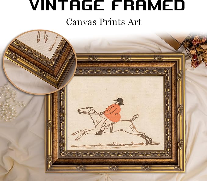 Vintage Gold Framed Hunting Equestrian Canvas Wall Art Horse and Rider Wall Decor Riding Horse painting Picture Retro Rustic Farmhouse print artwork for Farmhouse Bedroom Living Room 12X16in