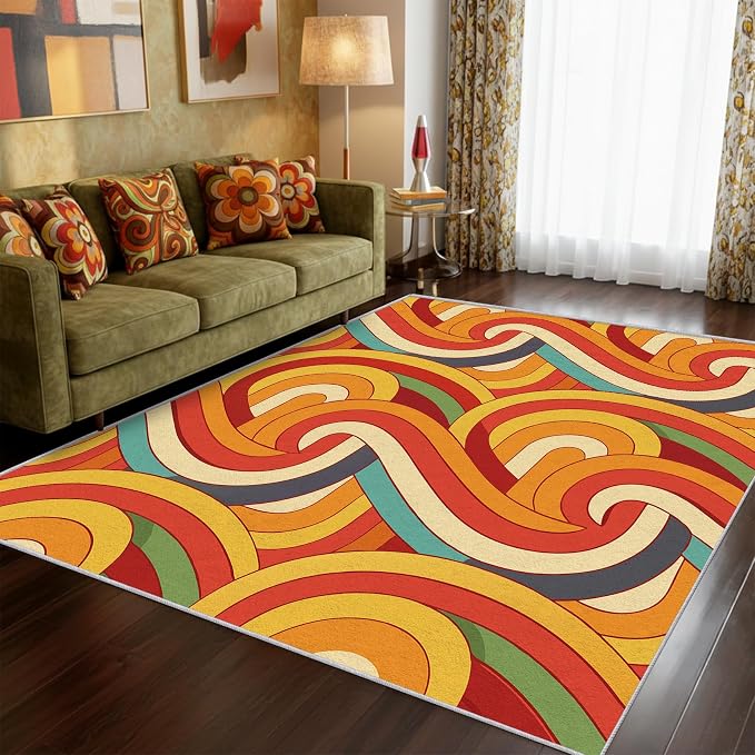 70s Retro Rug 4x6 Abstract Striped Groovy Hippie Pattern Area Rugs for Living Room, Bedroom, 70s Retro Home Decor Accessories Indoor Carpet, Non Slip & Machine Washable, GD0325