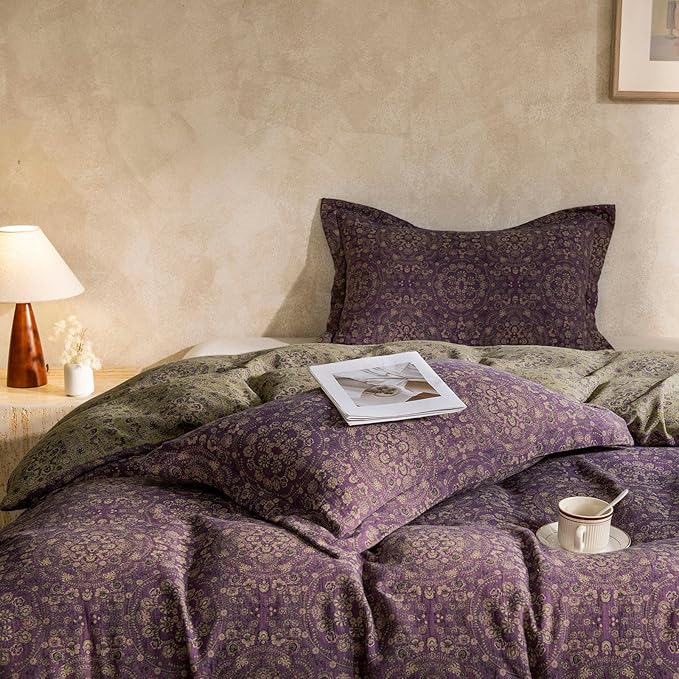 EAVD Soft 100% Cotton Muslin Yarn-Dyed Jacquard Textured Duvet Cover King Chic Shabby Purple Floral Duvet Cover with Zipper Closure Linen Like Gauze Floral Bedding Set with 2 Pillowcases