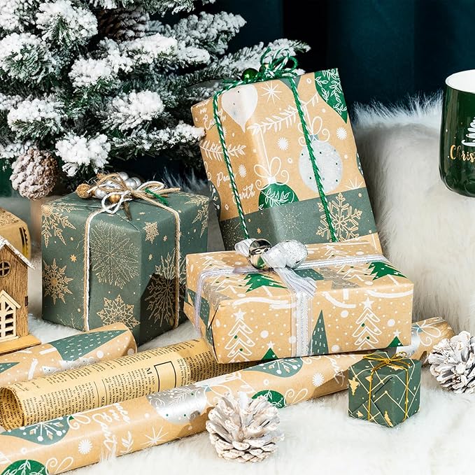 LeZakaa Christmas Kraft Wrapping Paper Roll, Brown Gift Wrap with Green & White Holiday Designs, Trees, Ornaments & Snowflakes Pattern for Christmas Presents, Arts Crafts, 17 x 120 inches, 3 Rolls