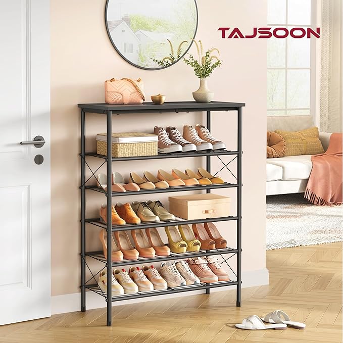 Tajsoon 6 Tier Shoe Rack Organizer for 20-24 Pairs of Shoes, Metal Mesh Shoe Shelf for Closet, Industrial Shoe Rack for Entryway Shoe Storage with X Shape Fixed Frame, Black