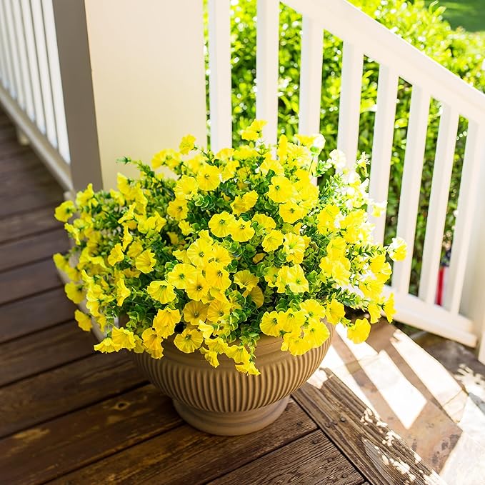 Artificial Flowers for Outdoors Fake Flowers Plants for Spring Summer Decor, 12 Bundles Silk Morning Glory with Eucalyptus Look Real UV Resistant Yellow Faux Flowers for Outside Planters Yard Patio