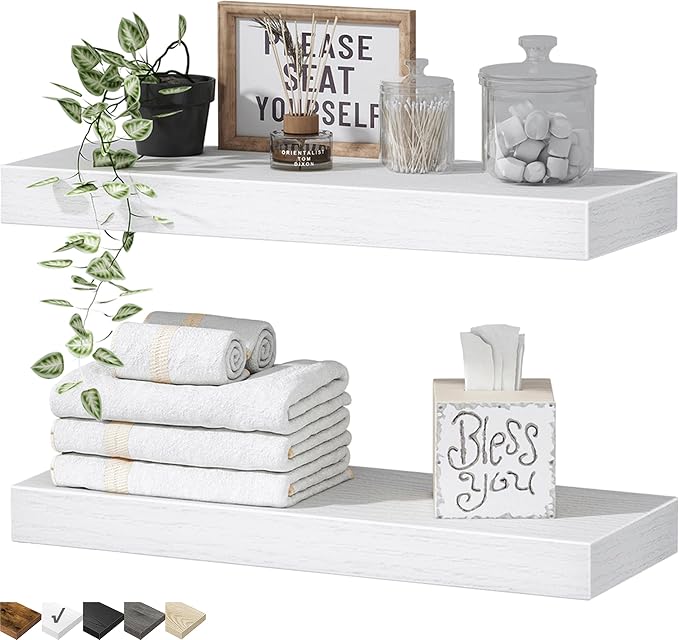 QEEIG Bathroom Floating Shelves for Wall - 15.7" Wall Mounted Shelf Over Toilet Farmhouse Home Decor Display Bookshelf Small 15.7 x 6.7 inch Set of 2, White (008-40W)