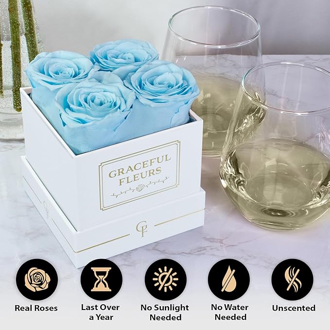 Graceful Fleurs | Real Long Lasting Roses for Years | Preserved Fresh Flowers for Delivery Birthday | Birthday Gifts for Women | Forever Roses in a Box (Baby Blue, White Box, 4 Roses)
