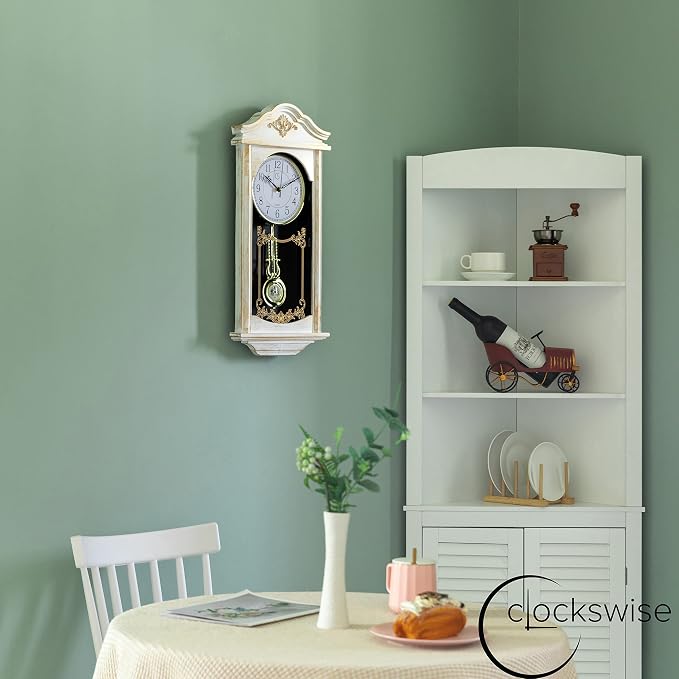 Clockswise Vintage Grandfather Wood - Looking Plastic Antique Pendulum Wall Clock for Living Room Decor, Kitchen, Office, Or Dining Room, Silent Wall Mount Battery-Operated (White)