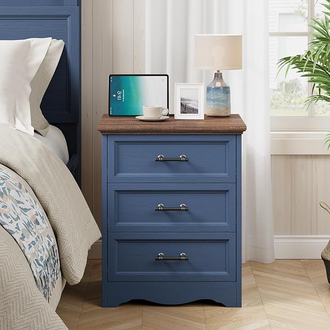Blue Nightstand with Charging Station, 19.7" Farmhouse End Table with 3 Drawers Storage, Wooden Night Stand, Bed Side Table with Unique Base Design, 3 Drawer Dresser for Bedroom, Living Room